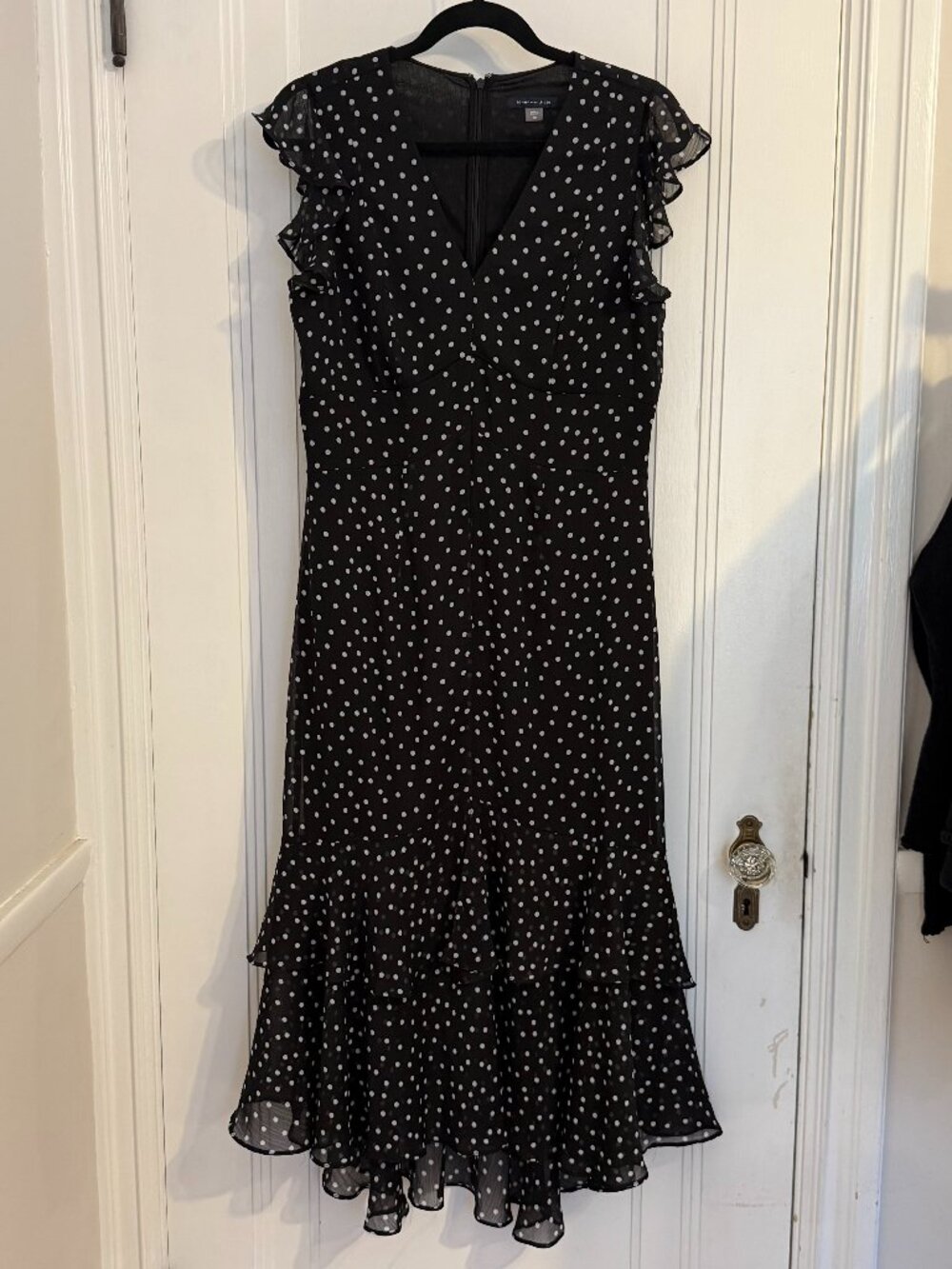 Tommy Hilfiger Polka Dot Dress Women's 10 Black White Flutter Sleeve Ruffle Hem